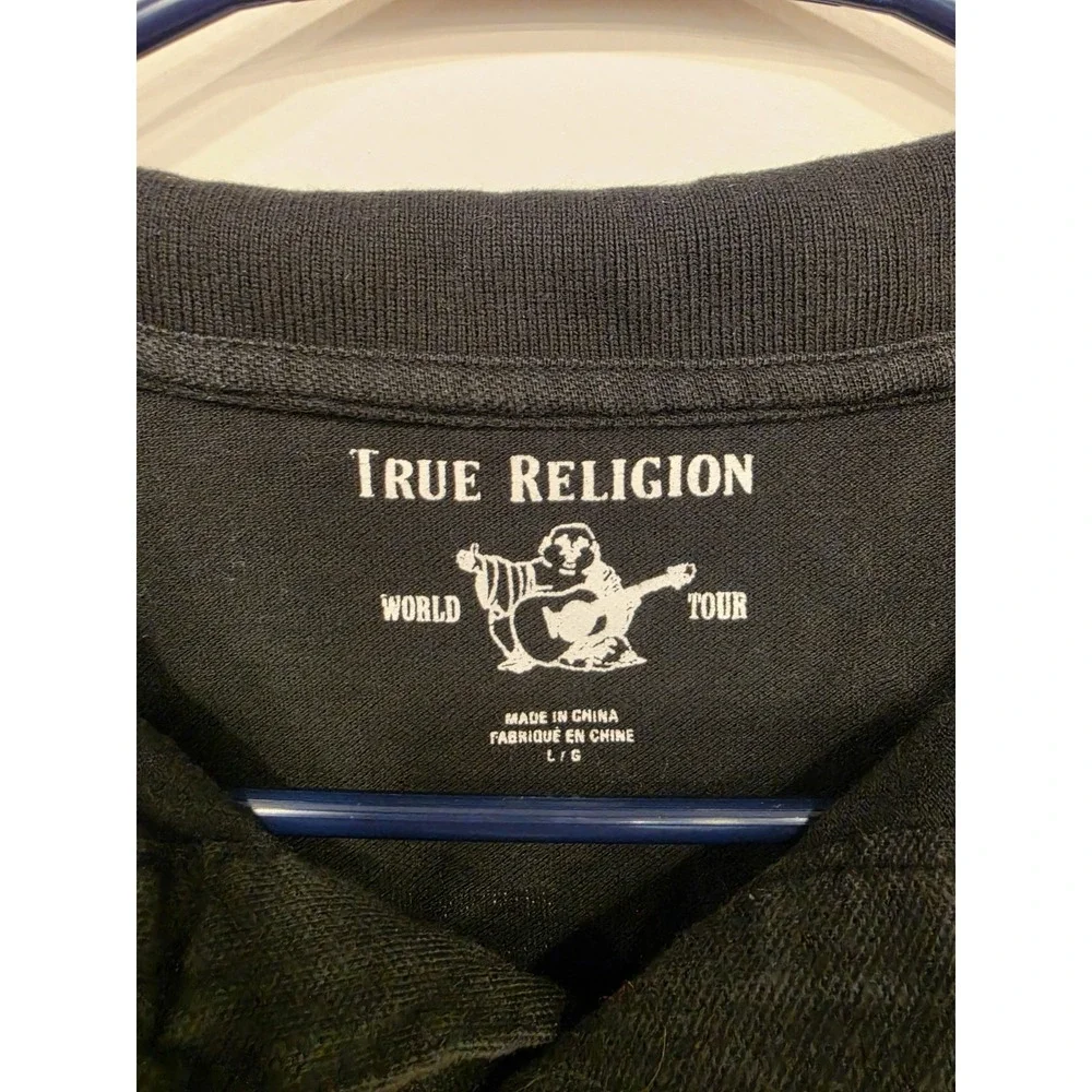 True Religion Black Polo Shirt Large Logo Graphic Short Sleeve Cotton Men's L